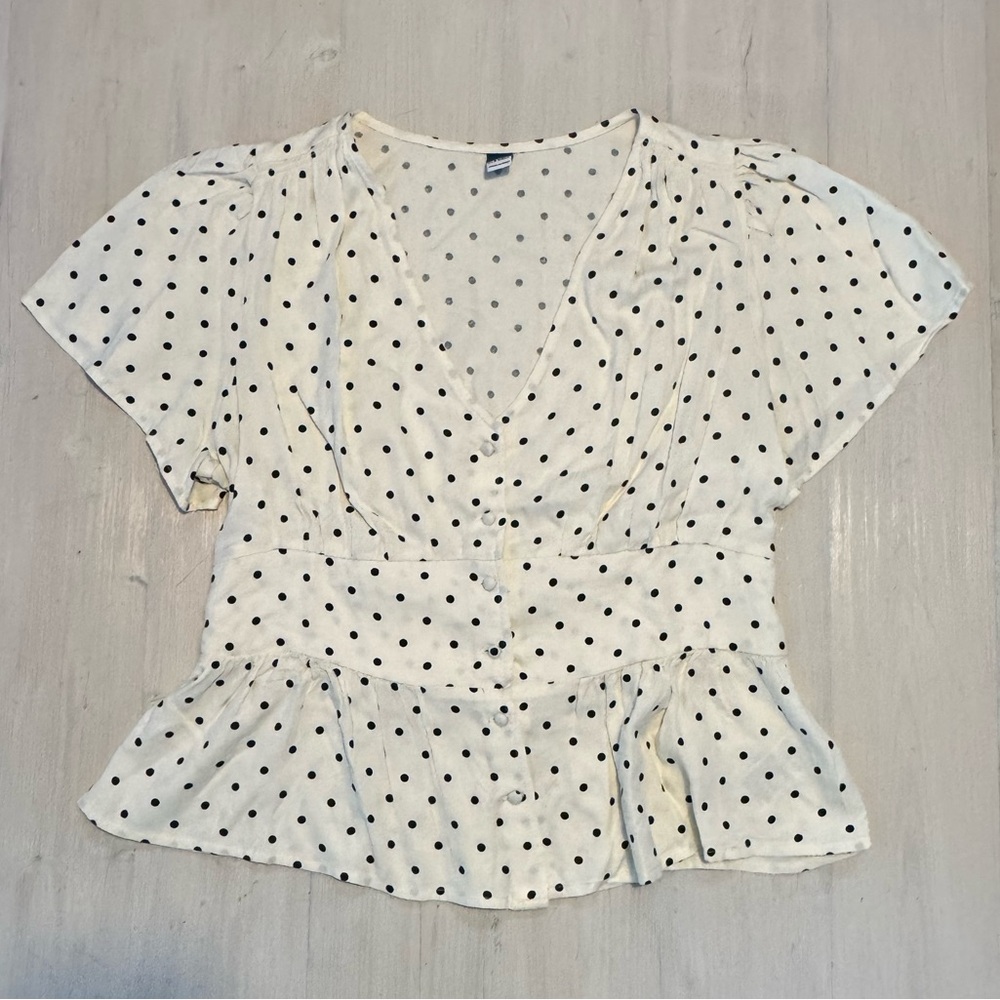 Old Navy Polka Dot V-Neck Peplum Blouse - White with Black Dots